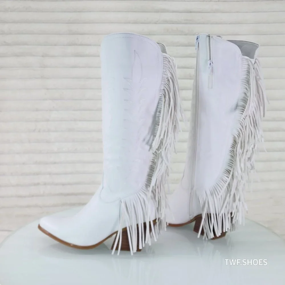 Dusty Roads Bright White Back Fringe Cowboy Western Cowgirl Boots Tuck Zipper